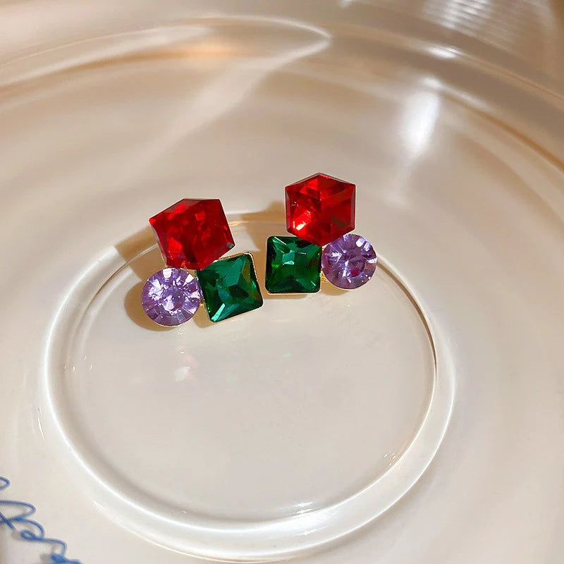 Three-Dimensional Geometric Crystal Earrings - Multi Colour