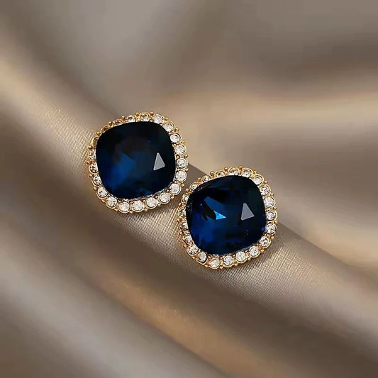 Square Blue Crystal Retro Light Luxury Earrings