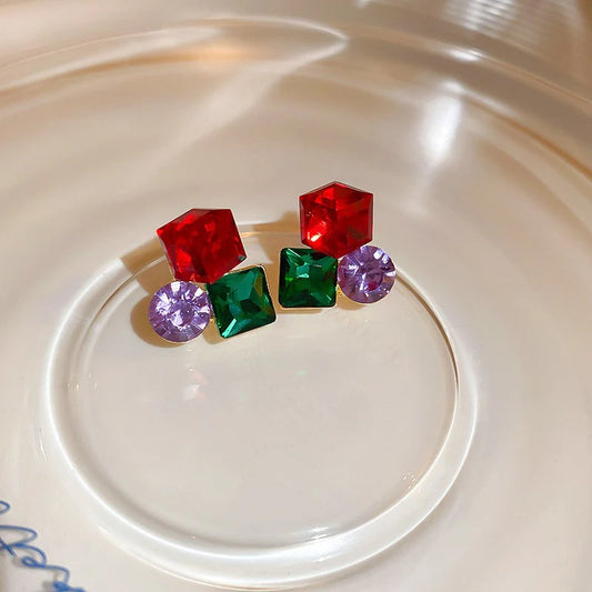Three-Dimensional Geometric Crystal Earrings - Multi Colour
